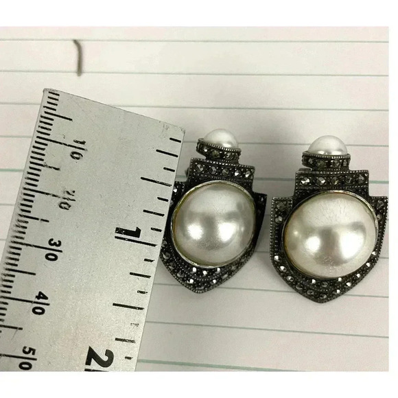 VTG Judith Jack Sterling Silver Faux Pearl Marcasite Earrings JJ Signed 19 Grams - Picture 5 of 16